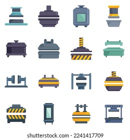 Presione los iconos de las máquinas de formulario para establecer el vector plano. Fabricación de formaciones. Equipo de acción aislado