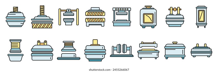 Prensa de los iconos de máquinas de formulario establecer el Vector de contorno. Fabricación de la formación. Equipo de acción de línea fina de color plana sobre blanco