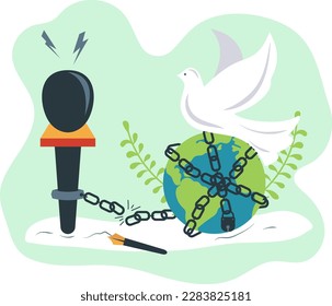 Press Freedom Day Illustration as Microphone With Broken Chains Locked Around The Globe and Peace Dove On Top