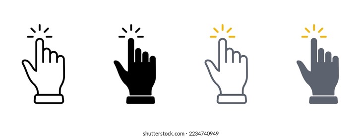 Press Gesture of Computer Mouse Line and Silhouette Color Icon Set. Hand Finger Cursor Pictogram. Pointer Click Double Tap Touch Swipe Point Symbol Collection. Isolated Vector Illustration.