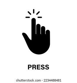 Press Gesture, Hand Cursor for Computer Mouse Black Silhouette Icon. Click Double Tap Touch Swipe Point on Cyberspace Website Sign. Pointer Finger Glyph Pictogram. Isolated Vector Illustration.