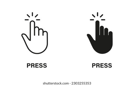 Press Gesture, Hand Cursor for Computer Mouse Line and Silhouette Black Icon Set. Click, Tap, Touch, Point Sign Collection. Pointer Finger Pictogram on White Background. Isolated Vector Illustration.