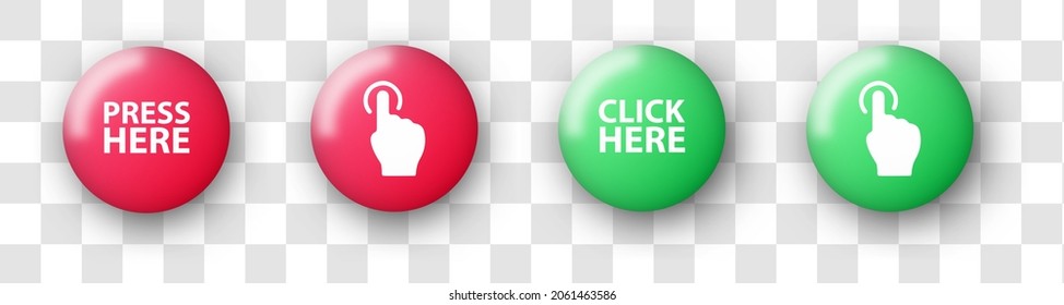 Press here button with realistic red and green emblem. Click here button icon collection for user interface.