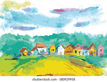 Press houses lined up on a hillside vector art
