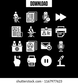 press icon. 16 press vector set. news reporter, print, swipe to right and id card icons for web and design about press theme
