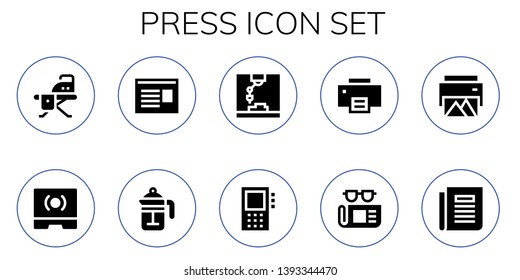 press icon set. 10 filled press icons.  Simple modern icons about  - Ironing board, Touch screen, Newspaper, French press, Printer, Dictaphone