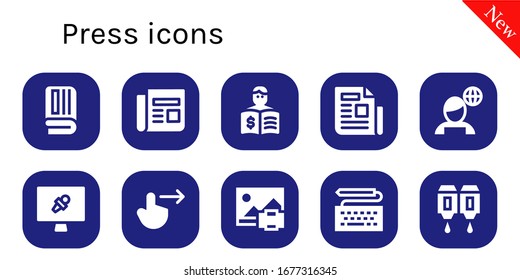 press icon set. 10 filled press icons.  Simple modern icons such as: Newspaper, Press, News, News report, Swipe right, Print, Keyboard, Cartridge