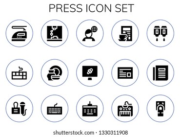 press icon set. 15 filled press icons.  Simple modern icons about  - Iron, Keyboard, Printer, Porcelain, News, News report, Newspaper, Cartridge, Press, Fingerprint scan