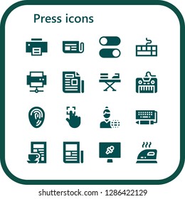  press icon set. 16 filled press icons. Simple modern icons about  - Printer, Newspaper, Switches, Keyboard, Iron, Fingerprint, Touch, News reporter, News report