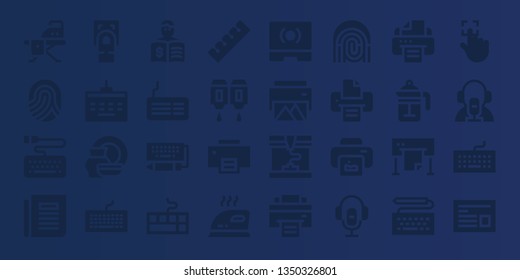 press icon set. 32 filled press icons. on blue background style Collection Of - Ironing board, Fingerprint, Keyboard, Newspaper, Fingerprint scan, Porcelain, Press, Finger, Cartridge