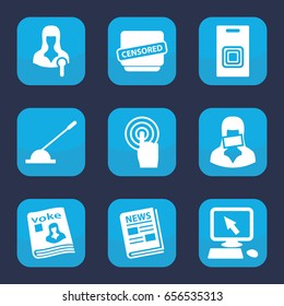 Press icon. set of 9 filled press icons such as pointer on display, magazine, woman speaker, touchscreen, arm lever, censored woman, censored, news