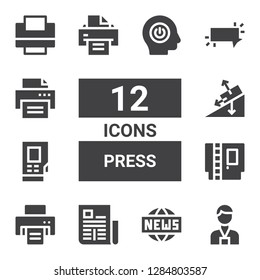press icon set. Collection of 12 filled press icons included Press, News, Newspaper, Printer, Cartridge, Densitometer, Gravity, Button, Power