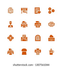press icon set. Collection of 16 filled press icons included French press, Printer, Cork, Keyboard, Fingerprint, Buttons, News, Newspaper