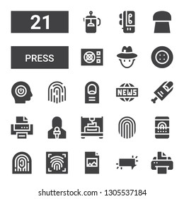 press icon set. Collection of 21 filled press icons included Printer, Button, Print, Fingerprint scan, Fingerprint, Printing, News reporter, Finger, News, Power, Journalist, Cork