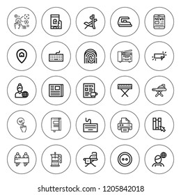Press icon set. collection of 25 outline press icons with banners, button, click, copy machine, journal, finger control, fingerprint, iron icons. editable icons.