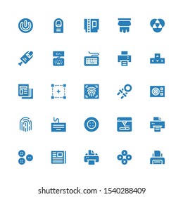 press icon set. Collection of 25 filled press icons included Printer, Buttons, Newspaper, Printing, Button, Keyboard, Fingerprint, Power, Hand grip, Fingerprint scan, Selection