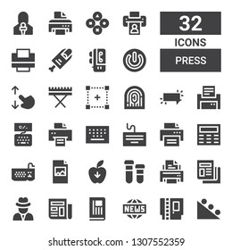 press icon set. Collection of 32 filled press icons included Gravity, Cartridge, News, Newspaper, Journalist, Printer, Printing, Print, Keyboard, Keypad, Button, Fingerprint, Selection