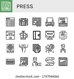 press icon set. Collection of Newspaper, Article, Brochure, Printer, News, Select, French press, Journal, Release, Fingerprint, Fingerprint scan, Printing, Gravity, Barista icons