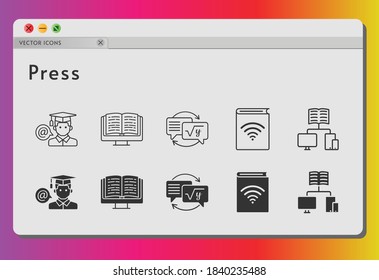 press icon set. included audiobook, ebook, student, homework, school icons on white background. linear, filled styles.