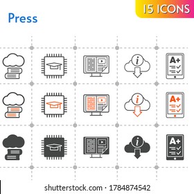 press icon set. included cloud library, chip, e-reader, e-book, information icons on white background. linear, bicolor, filled styles.