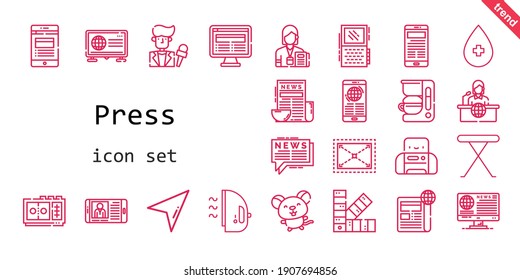 pulse el conjunto de iconos. estilo de icono de línea. iconos relacionados con la prensa como noticias, cursor, periódico, alcohol, tabla de planchar, impresora, reportero de noticias, cafetera, noticias, pantone, grabadora de voz, periodista, ratón