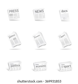 Press icon set. Newspaper collection on white background. News politics economic sport. Docs icon as a bonus