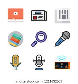 press icon set. vector set about remote control, microphone, video player and newspaper icons set.
