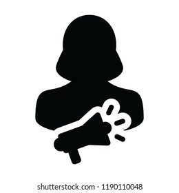 Press icon vector female person profile avatar symbol with megaphone for advertising campaign in glyph pictogram illustration