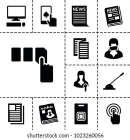 Press Icons. Set Of 13 Editable Filled Press Icons Such As Push Button, Magazine, Woman Speaker, Arm Lever, Censored Woman, News, Door Bell, Pointer On Display