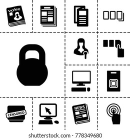 Press icons. set of 13 editable filled press icons such as pointer on display, push button, news, barbell, newspaper, magazine, woman speaker, touchscreen, censored