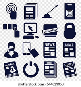 Press icons set. set of 16 press filled icons such as pointer on display, finger on display, push button, barbell, news, magazine, touchscreen, arm lever, censored woman