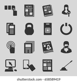 Press icons set. set of 16 press filled icons such as pointer on display, finger on display, push button, news, barbell, magazine, woman speaker, touchscreen, arm lever