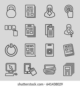 Press icons set. set of 16 press outline icons such as pointer on display, finger on display, push button, news, barbell, woman speaker, touchscreen, censored woman, censored