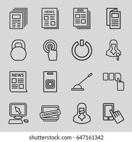 Press icons set. set of 16 press outline icons such as pointer on display, finger on display, push button, news, barbell, woman speaker, touchscreen, arm lever, censored woman