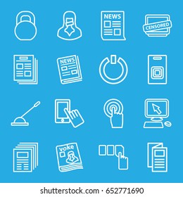 Press icons set. set of 16 press outline icons such as pointer on display, finger on display, push button, news, barbell, magazine, touchscreen, arm lever, censored woman