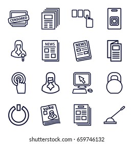 Press icons set. set of 16 press outline icons such as pointer on display, push button, news, barbell, magazine, woman speaker, touchscreen, arm lever, censored woman