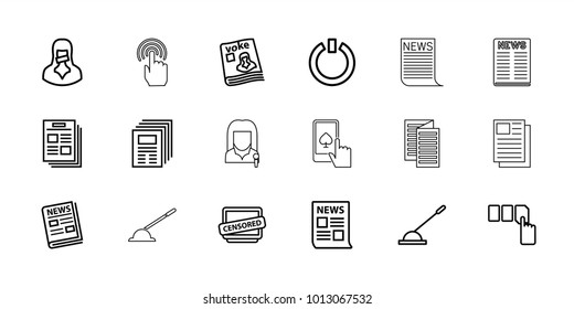 Press icons. set of 18 editable outline press icons: push button, news, newspaper, magazine, arm lever, censored woman, censored, switch off, finger on display, woman speaker