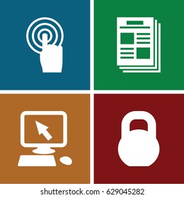 Press icons set. set of 4 press filled icons such as pointer on display, barbell, touchscreen