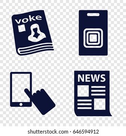 Press icons set. set of 4 press filled icons such as finger on display, magazine, door bell