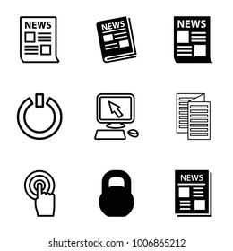 Press icons. set of 9 editable filled and outline press icons such as news, barbell, pointer on display, touchscreen
