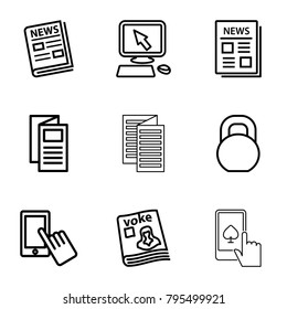 Press icons. set of 9 editable outline press icons such as pointer on display, finger on display, news, barbell