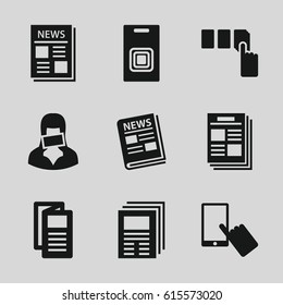 Press icons set. set of 9 press filled icons such as finger on display, push button, news, censored woman, door bell