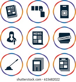 Press icons set. set of 9 press filled icons such as push button, woman speaker, arm lever, censored, news, door bell