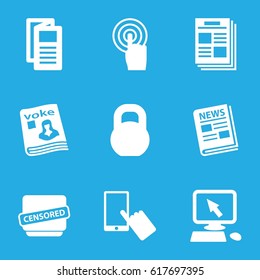 Press icons set. set of 9 press filled icons such as pointer on display, finger on display, news, barbell, magazine, touchscreen, censored
