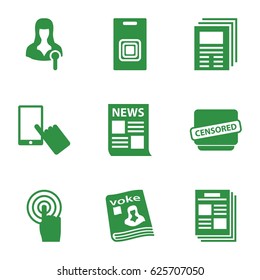 Press icons set. set of 9 press filled icons such as finger on display, magazine, woman speaker, touchscreen, censored, door bell, newspaper