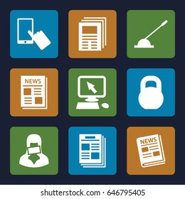 Press icons set. set of 9 press filled icons such as pointer on display, finger on display, barbell, news, arm lever, censored woman