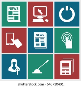 Press icons set. set of 9 press filled icons such as pointer on display, finger on display, news, woman speaker, touchscreen, arm lever, switch off