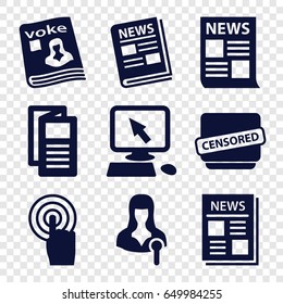 Press icons set. set of 9 press filled icons such as pointer on display, news, magazine, woman speaker, touchscreen