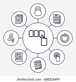 Press icons set. set of 9 press outline icons such as push button, barbell, woman speaker, touchscreen, news, switch off