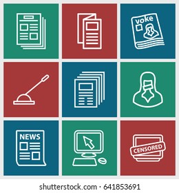 Press icons set. set of 9 press outline icons such as pointer on display, news, magazine, arm lever, censored woman, censored